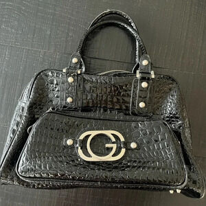 G by GUESS Y2K LOGO  Black Patent Leather Iconic Croc Hand Bag Purse Vintage